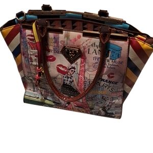LANY Paris Shoulder Bag. Paris motif on front. Multi colored.